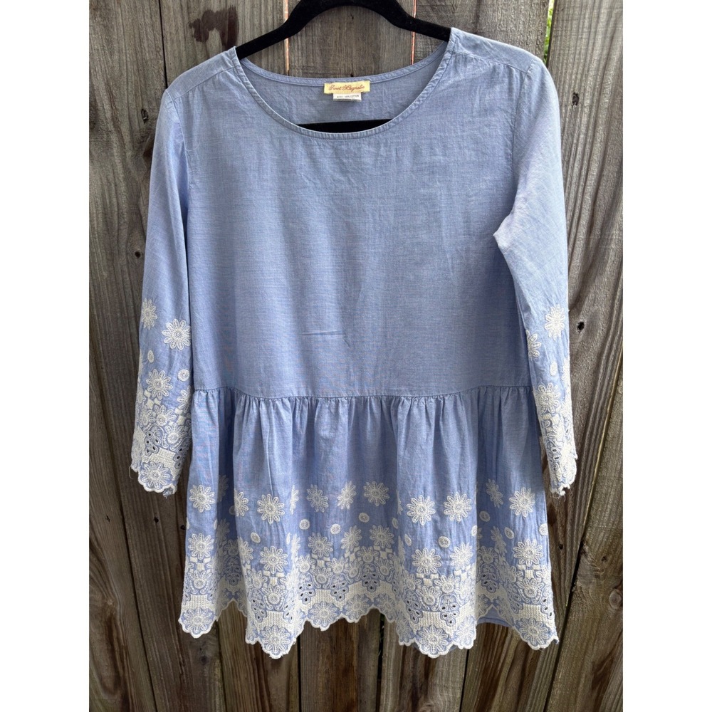 Sweet Magnolia Blue 100% Cotton‎ Eyelet Embroidered Babydoll Tunic Top Small
